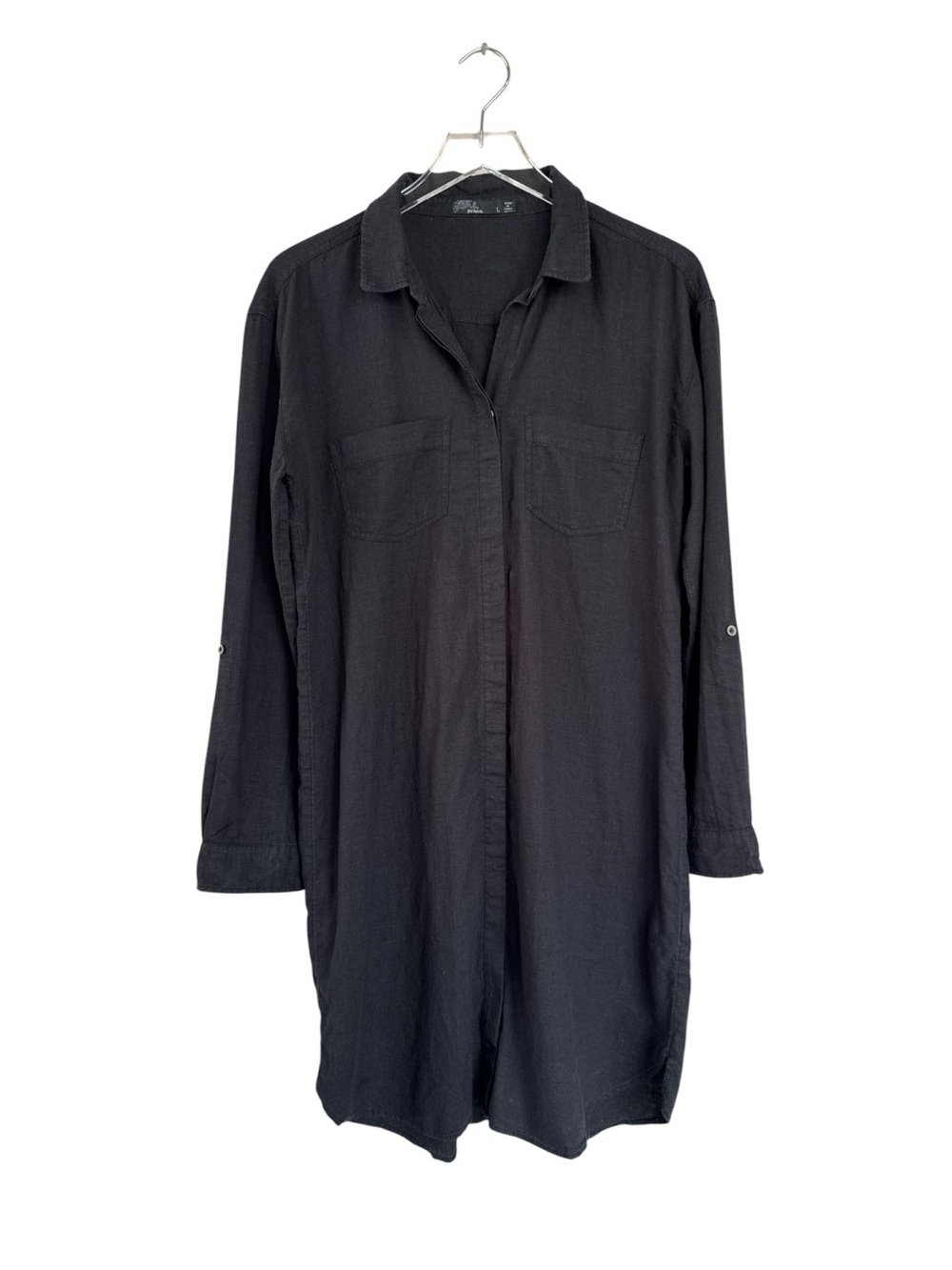 PrAna Black Hemp Blend Button-Front Shirt Dress | Size Large | Roll Tab Sleeves